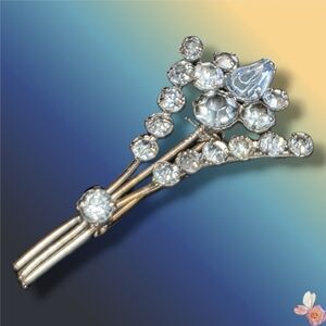 Vintage Austria Blue Rhinestone Spray Brooch Mid Century Silver Tone 354